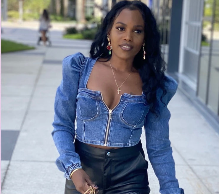 Denim puffy sleeve top
